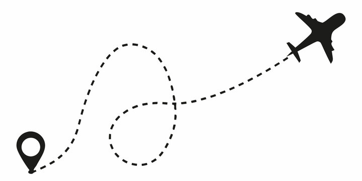 a silhouette of an airplane flying with a dotted path to a location marker