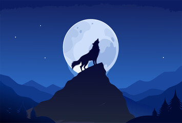 Wolf Howling at Full Moon on Mountain Peak Silhouette Night Sky