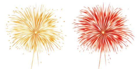 Vibrant fireworks display, golden and red bursts on transparent background