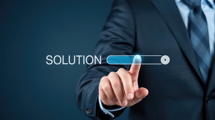 Businessman in a dark suit selects a glowing digital slider labeled solution on a futuristic interface for problem solving and decision making