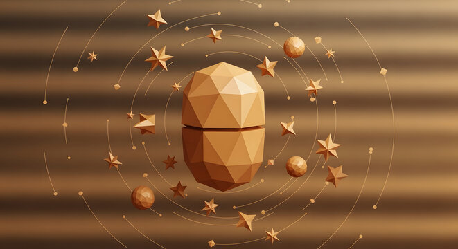 Abstract geometric capsule shape surrounded by golden stars and