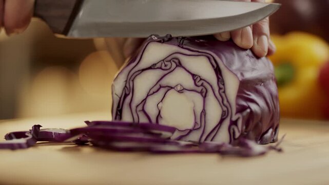 slow motion red cabbage cutting 