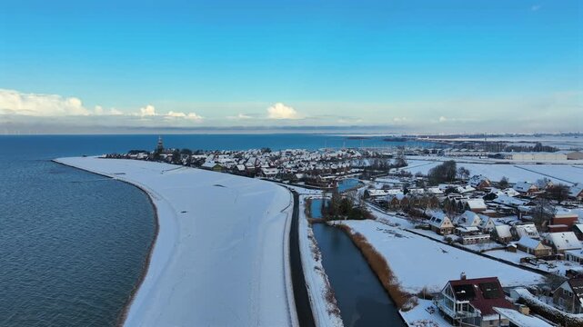 Aerial view of hindeloopen in the netherlands during winter