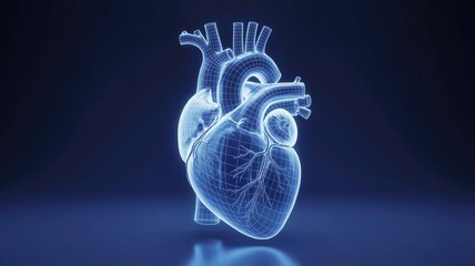 Illuminated wireframe representation of the human heart hovers against a dark blue background suggesting medical technology and advanced cardiology visualization techniques