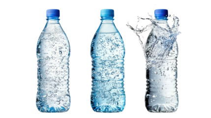 Three plastic water bottles, dynamic splash, isolated on transparent background