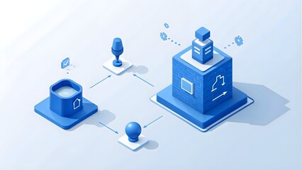 Isometric illustration of a workflow process with interconnected blue 3D icons on a light blue background, showcasing Aiworkflow.