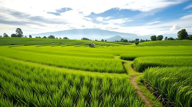 Lush Green Rice Fields with Pathway.