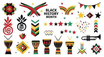 Vector illustrations of Black History Month elements featuring african american people, indian patterns, and american culture symbols.