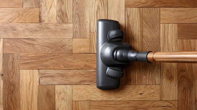 Modern vacuum cleaner floor brush cleaning wooden parquet floor in top view composition
