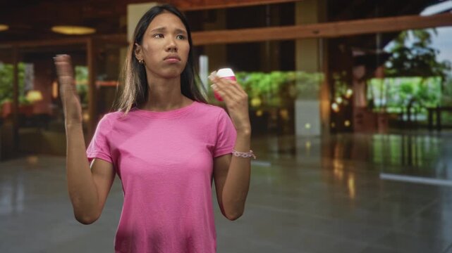 Woman holding toothpaste bottle, touching neck while inspecting label in building; uncertainty hygiene decision.