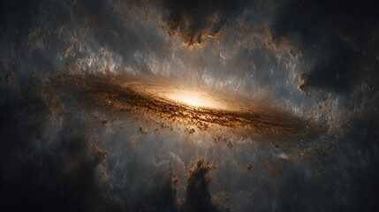 Galaxies swirl in dark space with bright light at the center and clouds surrounding it