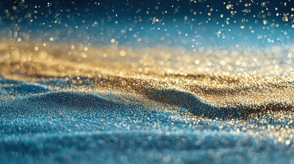 Reflection of light on droplets scattered above sandy surface during bright sunny day in outdoor setting