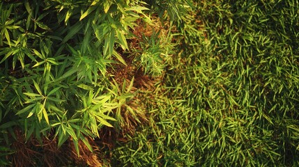 Green plants grow beside grass in a garden during late afternoon light setting a warm tone for nature