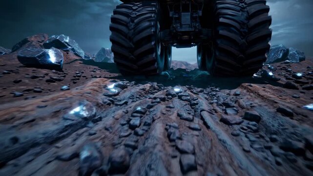 A low-angle shot captures a massive vehicle traversing a rocky, alien landscape, creating a cinematic, sci-fi video game atmosphere.