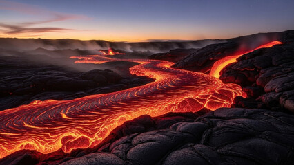 Lava River's Fiery Flow: Witness the raw power of nature as molten lava carves a fiery river through the landscape under a dramatic twilight sky.