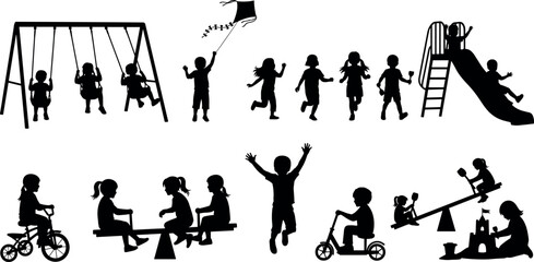 Children playground activity silhouettes set with swings slides cycling kite play, happy childhood outdoor recreation illustration black white