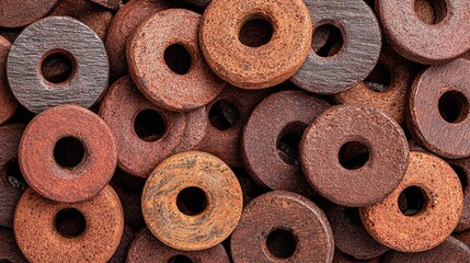 Various wooden beads displayed together showing different shades in a close-up view at a craft fair in the afternoon