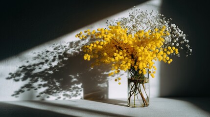 Bright yellow flowers in a clear vase casting shadows on a wall during afternoon light