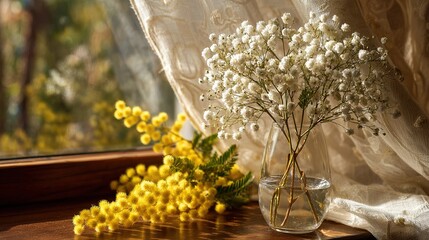 Sunlight shines on white and yellow flowers in a vase next to a window with lace curtains during the day