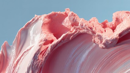 Swirls of pink and white cream blend together on a blue background in a close-up view during bright daylight