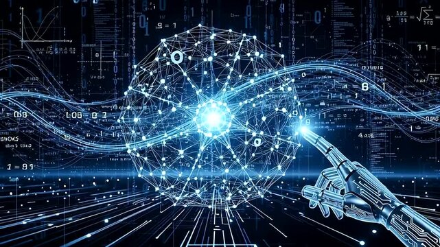 Robotic Arm Interacting with Digital Network Sphere.