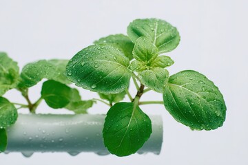 Fresh green leaves with water droplets on a white background in an indoor garden setup