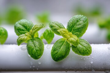 Growing fresh basil in a hydroponic system in a garden setting with droplets of water on the leaves during daylight hours