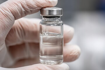 Medical worker holds a small glass vial filled with liquid in a laboratory setting during daylight hours