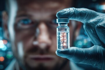 Scientist holds a glass vial with glowing substance in a lab during night time