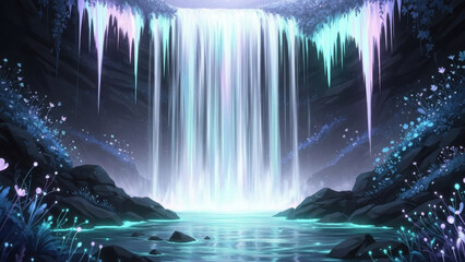 Enchanted Waterfall: A breathtaking cascade of water plunges into a crystal-clear pool, creating a serene and mystical ambiance in a fantastical landscape.
