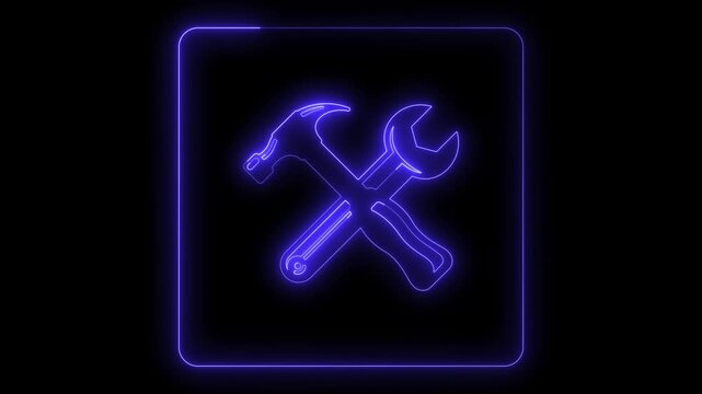 Glowing neon hammer and wrench icon animation inside a rounded square frame on a dark background, settings, service, repair, maintenance, or engineering