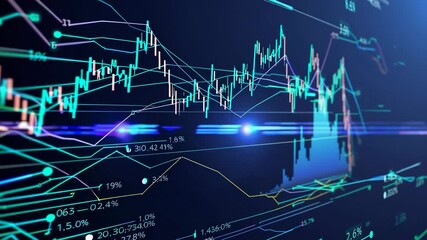 Dynamic visualization of fluctuating stock market data, showcasing intricate graphs and charts. ideal for financial analysis, investment strategy development, and illustrating market trends within dig - Powered by Adobe