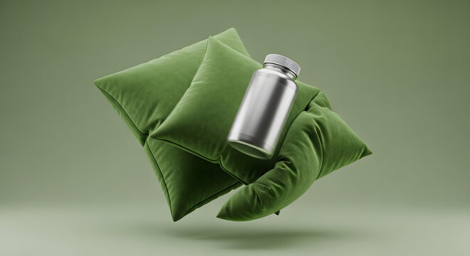 Generic silver supplement bottle on plush green velvet cushions