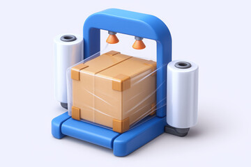 Obraz premium A blue packaging machine ready to wrap a brown cardboard box in clear film.