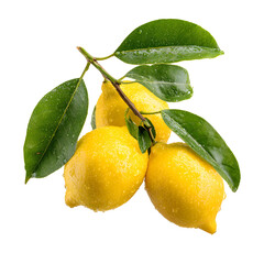 Fresh Lemons on Branch with Water Droplets, Isolated on White Background