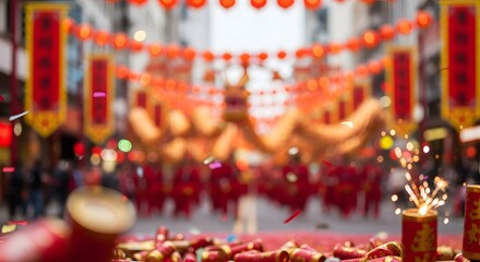 Chinese new year celebration with firecrackers and dragon dance
