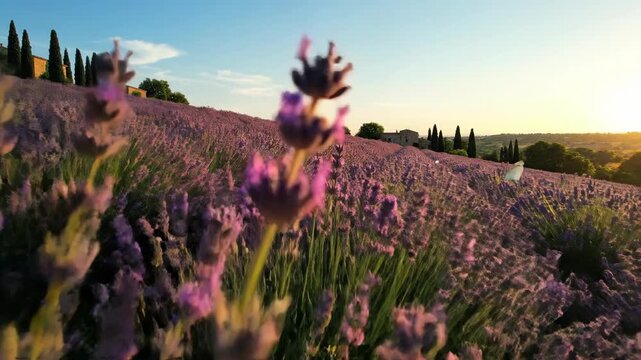 Lavender field at sunset scenic view of blooming flowers under clear sky