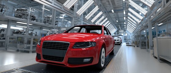 Obraz premium Red car body on production line with robotic arms in modern manufacturing facility under bright lights and high detail