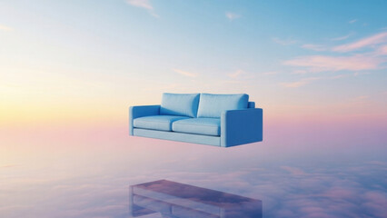 Dreamy Sofa: A solitary blue sofa floats dreamily amidst a serene, ethereal sky and calm waters, blurring the lines between reality and imagination. 