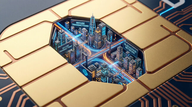 Secure transaction blockchain city microchip concept with glowing data lanes and futuristic skyline, dynamic neon lighting and tech atmosphere