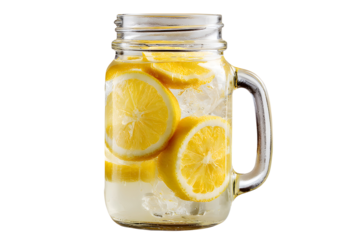 Glass Mason Jar Filled With Fresh Lemonade and Slices, Isolated on White