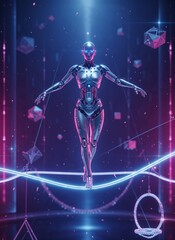 An android robot as a tightrope walker in a futuristic circus, balancing on a neon rope with glowing geometric shapes, blue and pink cyberpunk aesthetic, with space for text