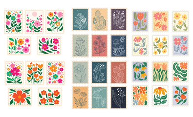 Big bundle of vintage botanical postage stamps with flowers and mushrooms © dadan_pm
