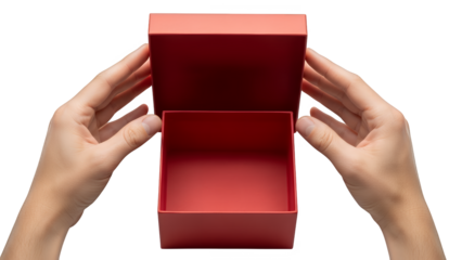 Empty open red gift box held by hands isolated on transparent background for product display mockup template presentation advertising commercial use