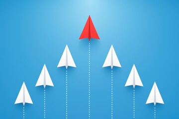 Paper Airplanes Leading the Way: A dynamic composition of paper airplanes soaring against a serene blue backdrop, with one distinct red plane taking the lead, symbolizing leadership, innovation.