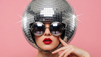 A stylish individual wearing a disco ball helmet and sunglasses