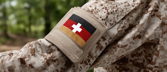 Close-up view of army uniform arm patch featuring German flag and red cross badge on camouflage shirt in forest setting