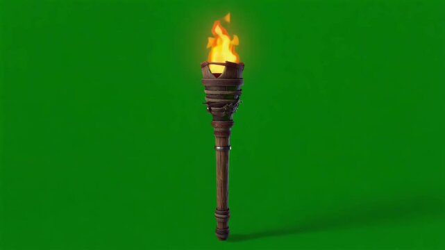 Vintage Torch Flame with Realistic Fire on Green Screen Background