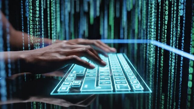 Close-up of hands typing on glowing keyboard with binary code background, computer programming and coding concept