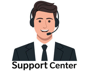 Friendly man with headset wearing suit for customer service support